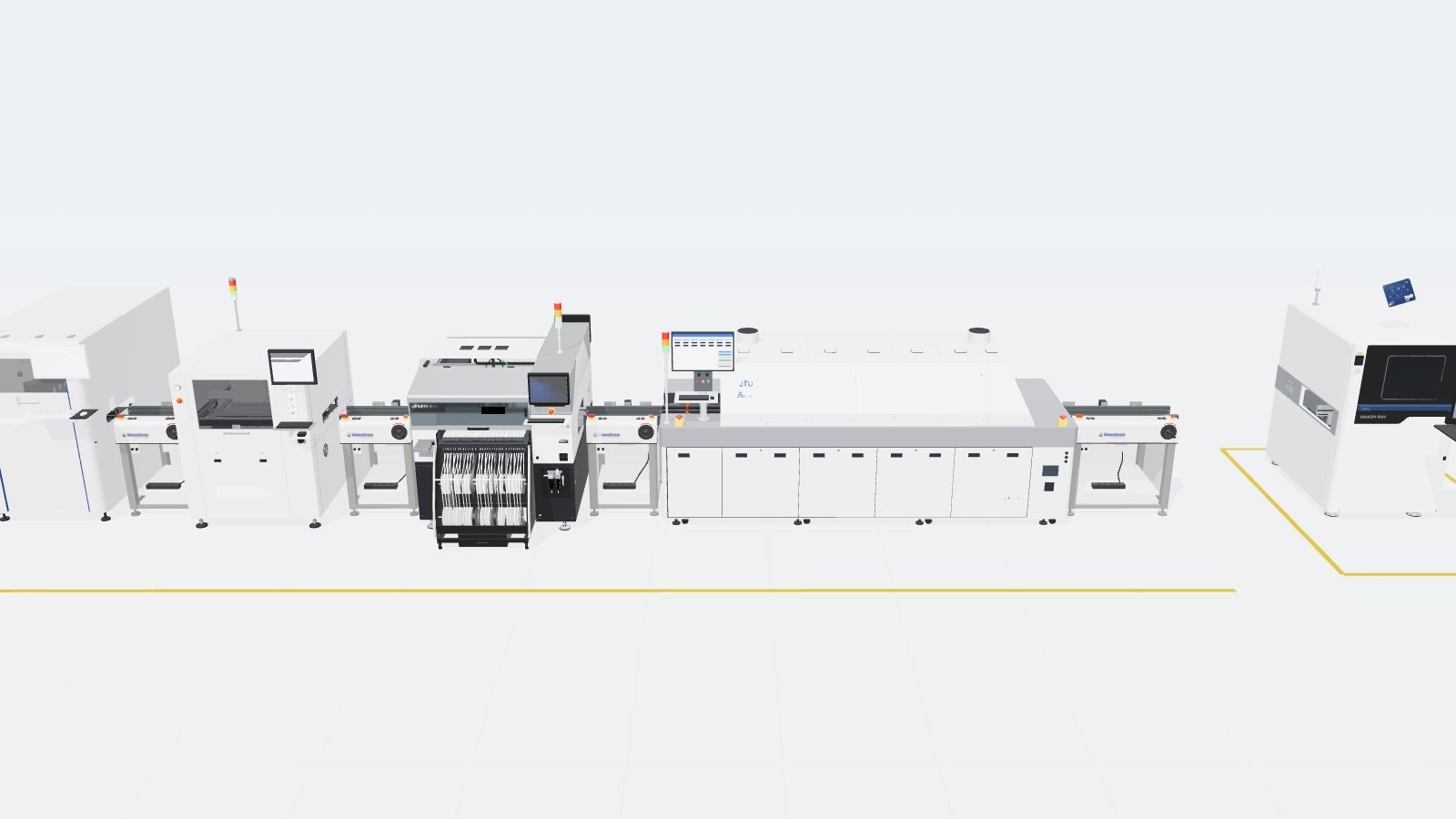 Línea SMT de Bwit en 3D: serigrafía, pick & place, horno e inspección