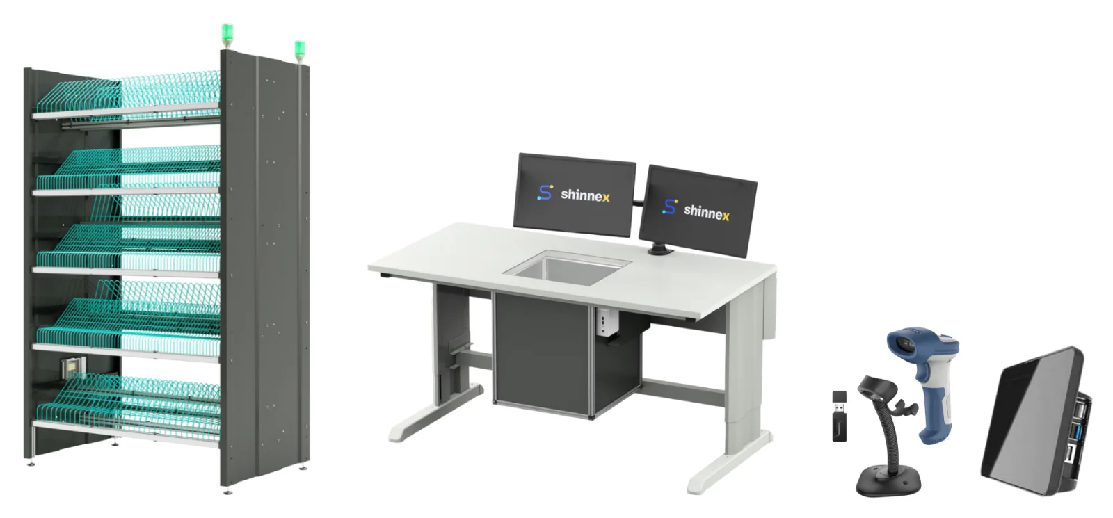 Equipos de Shinnex: armario de bobinas CTSHELF, mesa de entrada de material CTINCOMING y lectores de CTPROD