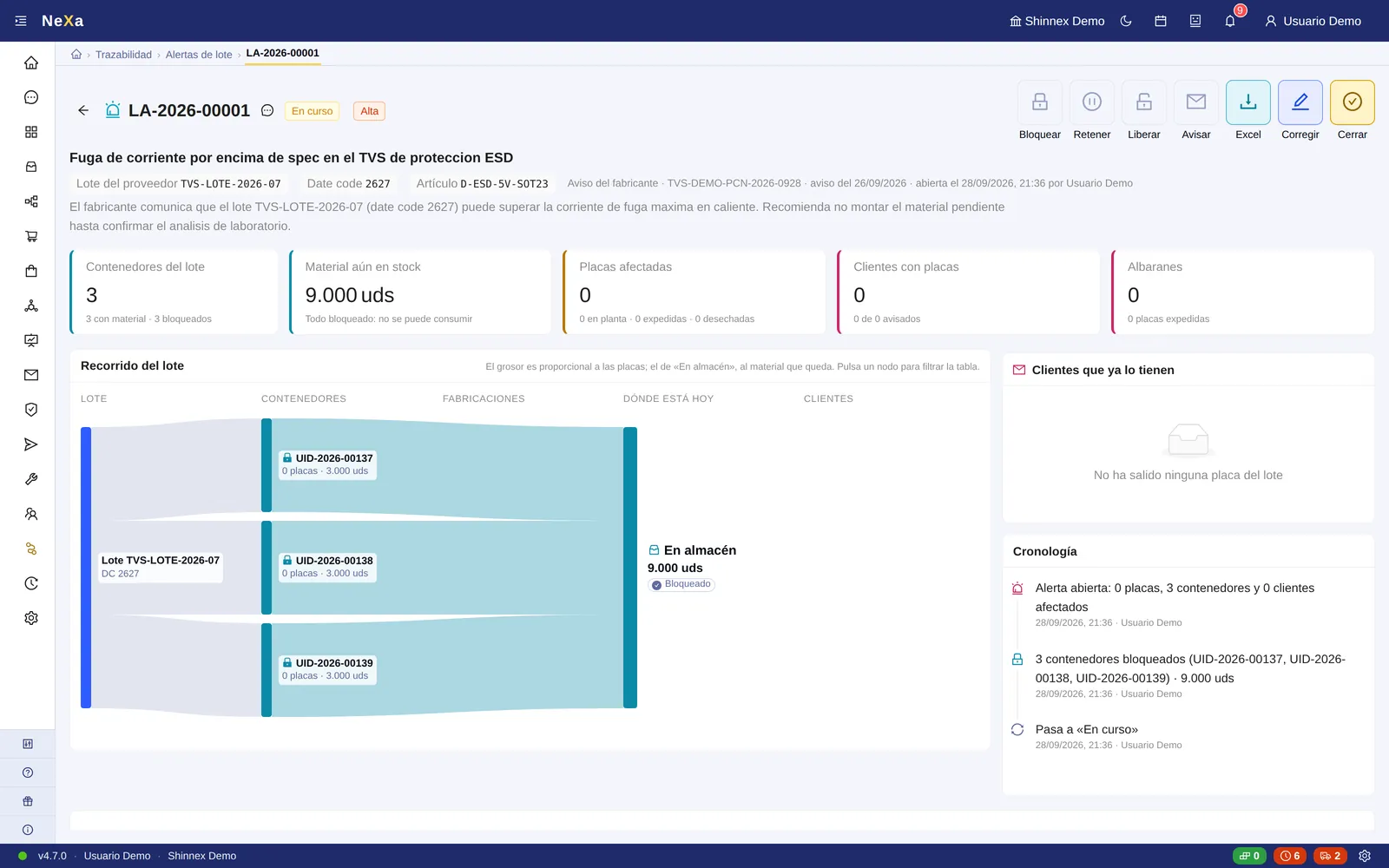 Lot alert in NeXa: the path of the lot and the buttons to block, hold and notify (image: Shinnex)